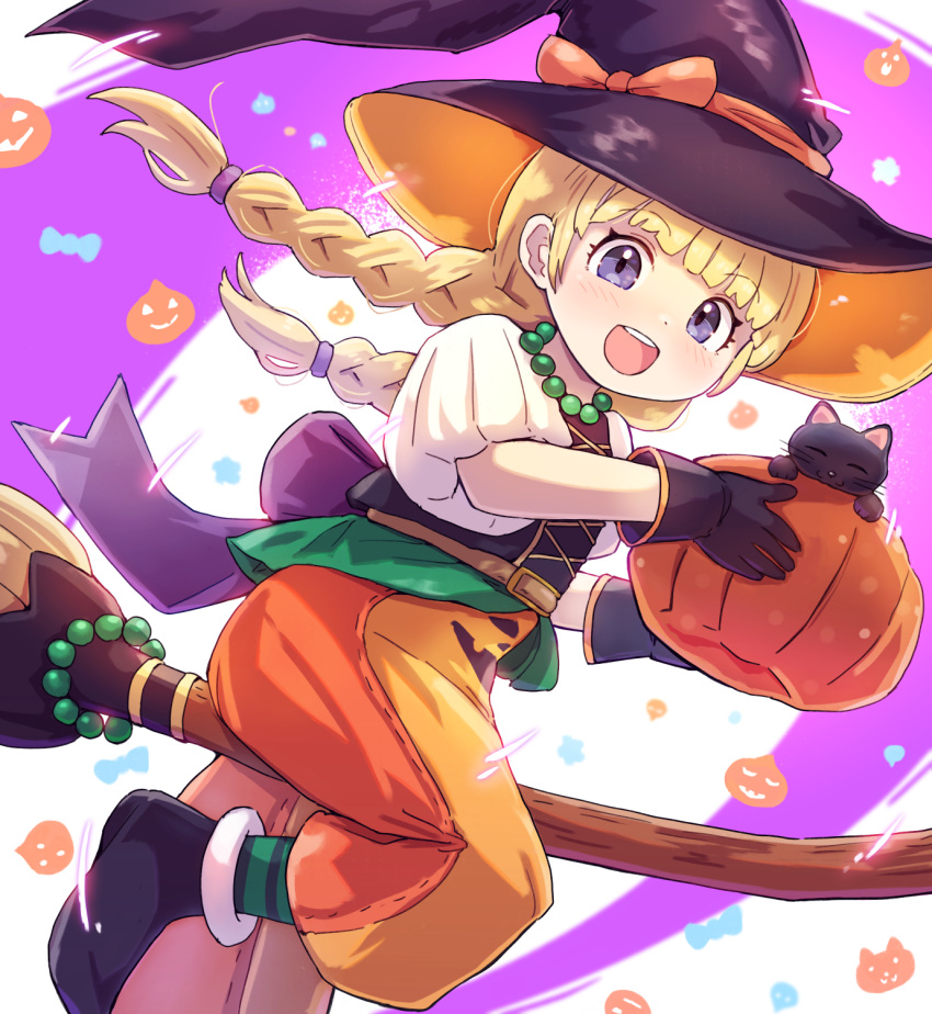 :d black_cat black_gloves blonde_hair braid broom broom_riding cat dragon_quest dragon_quest_xi food gloves halloween halloween_costume hat highres holding holding_food holding_pumpkin holding_vegetable jack-o'-lantern jewelry kutabireta_neko long_hair looking_at_viewer necklace open_mouth pumpkin purple_eyes smile teeth twin_braids upper_teeth_only vegetable veronica_(dq11) witch_hat