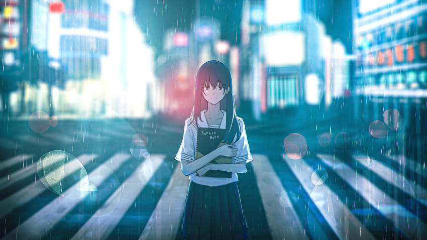 1girl absurdres black_skirt city crosswalk highres holding holding_notebook long_hair looking_at_viewer night notebook oka_kojiro original pleated_skirt rain road sailor_collar school_uniform serafuku skirt solo uniform white_sailor_collar white_serafuku