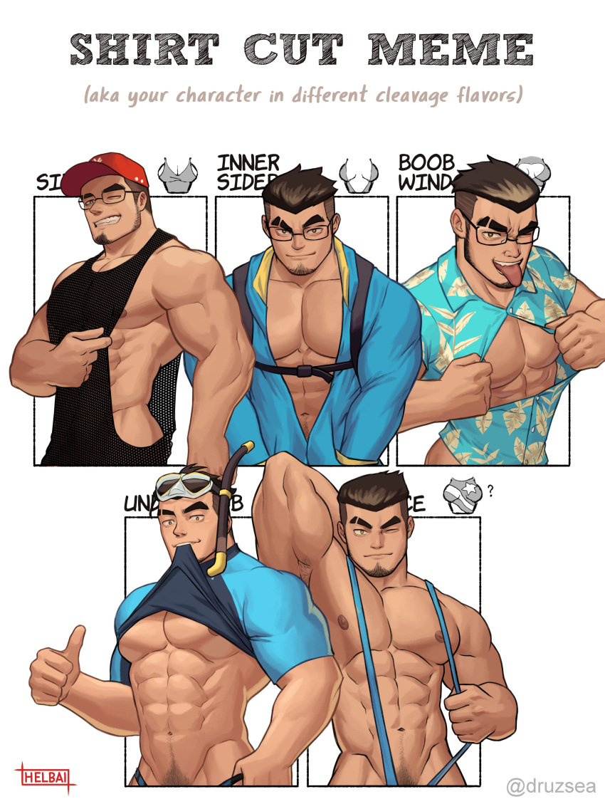 1boy abs absurdres artist_name bara baseball_cap black_hair blue_male_swimwear blue_shirt bodysuit closed_mouth clothes_in_mouth clothes_lift collage collared_shirt diving_suit english_text eyebrow_cut facial_hair glasses hat hawaiian_shirt highres large_pectorals lifted_by_self looking_at_viewer male_focus male_pubic_hair male_swimwear meme multiple_drawing_challenge muscular muscular_male navel_hair nipples one_eye_closed open_bodysuit open_clothes original pectoral_cleavage pectorals pubic_hair shirt shirt_cut_meme shirt_lift short_hair sidepec smile superman_exposure suspenders thumbs_up tongue tongue_out underpec upper_body wetsuit whyhelbram