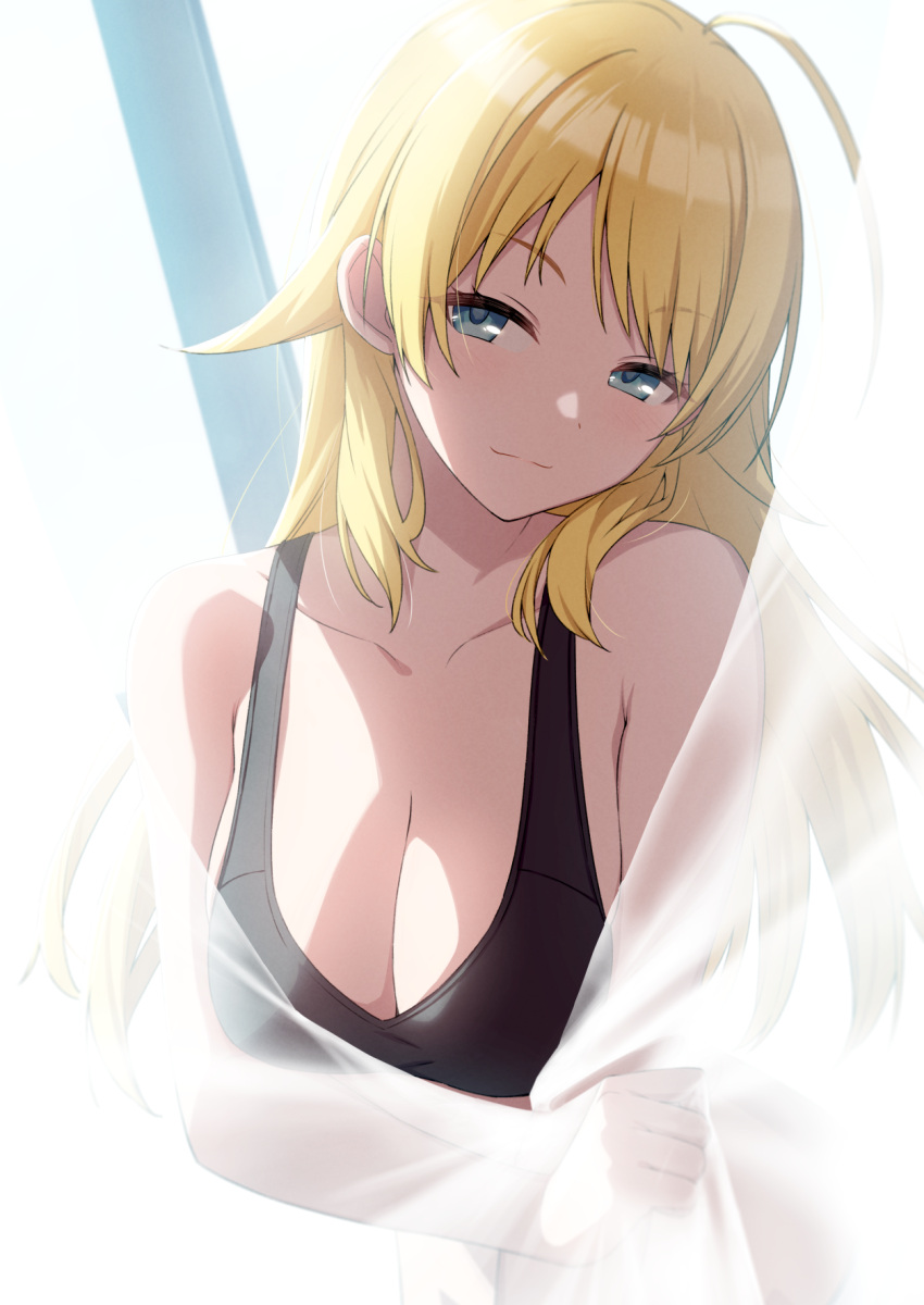 1girl ahoge amochin bare_shoulders black_bra blonde_hair blue_eyes blush bra breasts cleavage closed_mouth collarbone commentary_request curtain_grab curtains hachimiya_meguru half-closed_eyes highres idolmaster idolmaster_shiny_colors large_breasts long_hair looking_at_viewer smile solo transparent underwear underwear_only