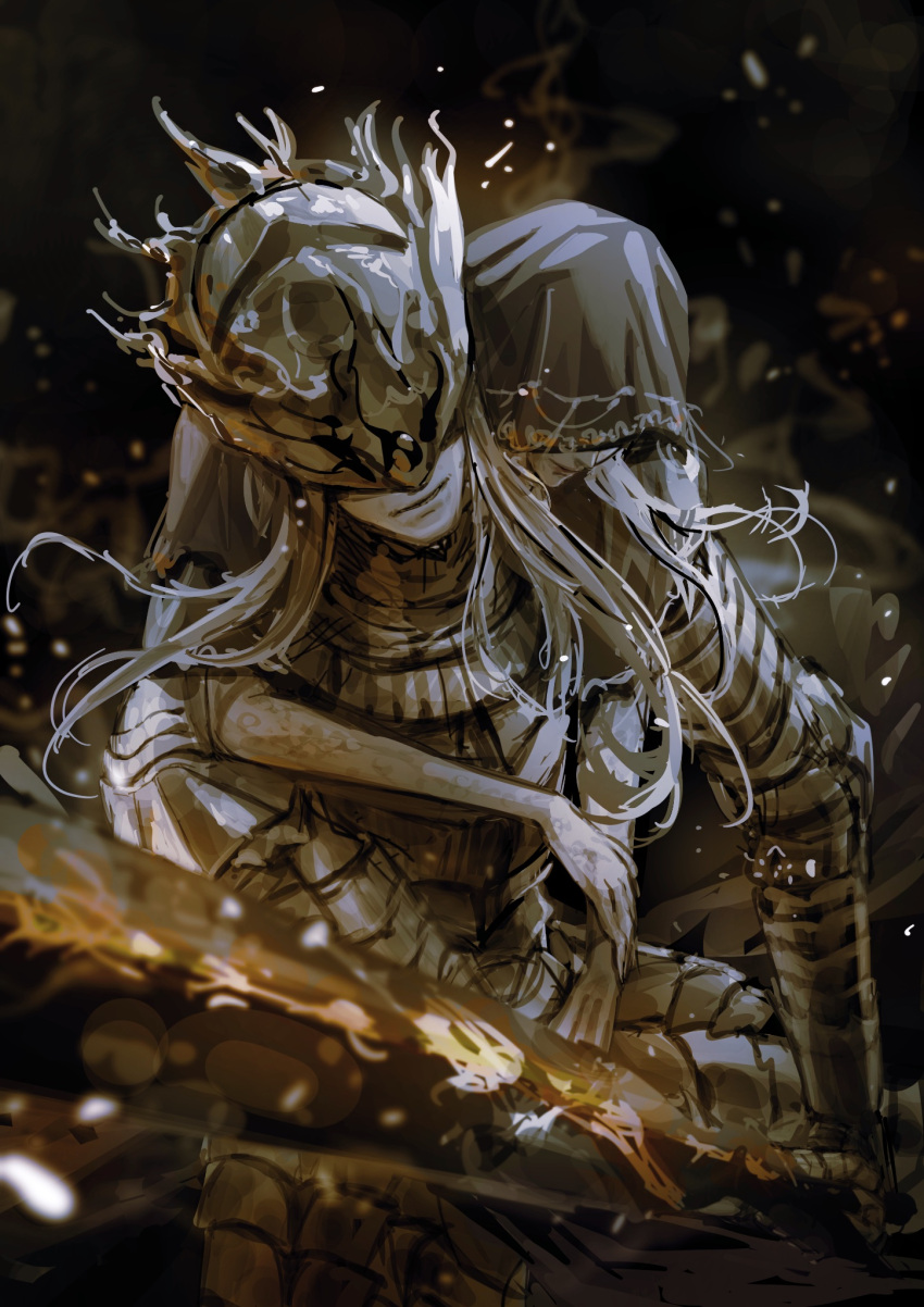 2boys armor breastplate brothers closed_mouth crown cuso4_suiwabutu dark_souls_(series) dark_souls_iii full_armor gauntlets grey_hair helmet highres holding holding_sword holding_weapon hood hood_up long_hair lorian_(elder_prince) lothric_(younger_prince) male_focus multiple_boys pauldrons robe shoulder_armor siblings sword weapon