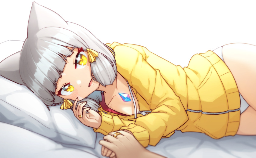 1boy 1girl alten animal_ears bed blunt_bangs cat_ears chest_jewel collarbone core_crystal_(xenoblade) english_commentary facial_mark grey_hair hair_ribbon head_on_pillow highres holding_hands hood hood_down hooded_jacket jacket jewelry long_sleeves lying nia_(xenoblade) on_bed on_side open_mouth panties pov ribbon ring short_hair smile tress_ribbon underwear wedding_ring white_panties xenoblade_chronicles_(series) xenoblade_chronicles_2 yellow_eyes yellow_jacket zipper_pull_tab