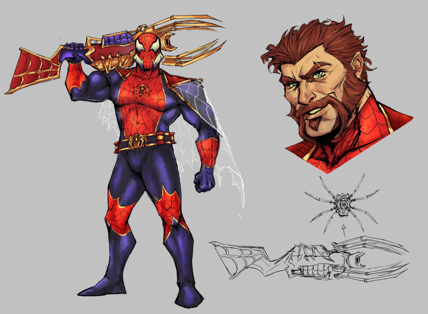 1boy analligator beard belt blue_bodysuit blue_eyes bodysuit brown_hair cosplay facial_hair graves_(league_of_legends) grey_background gun highres holding holding_gun holding_weapon large_pectorals male_focus marvel mask muscular muscular_male pectorals red_bodysuit short_hair simple_background spider-man spider-man_(cosplay) spider-man_(series) spider_web_print weapon