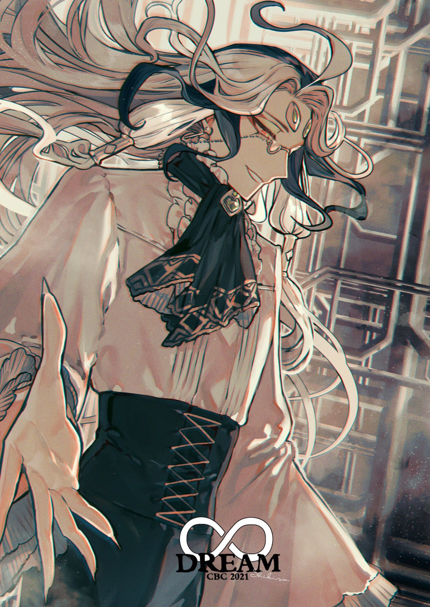 1other albino_(a1b1n0623) androgynous ascot bespectacled black_ascot black_hair black_pants brooch cowboy_shot earrings eyeshadow eyewear_strap fate/grand_order fate_(series) fingernails floating_hair forehead_jewel frilled_shirt_collar frills glasses green_eyeshadow green_pupils hair_tubes high-waist_pants highres industrial_pipe jewelry long_hair looking_ahead makeup monocle multicolored_hair official_alternate_costume open_hand other_focus pants parted_bangs parted_lips profile red_eyes red_eyeshadow semi-rimless_eyewear sharp_fingernails shi_huang_di_(fate) shi_huang_di_(infinity_dream)_(fate) shirt smile solo two-tone_hair white_hair white_shirt wide_sleeves