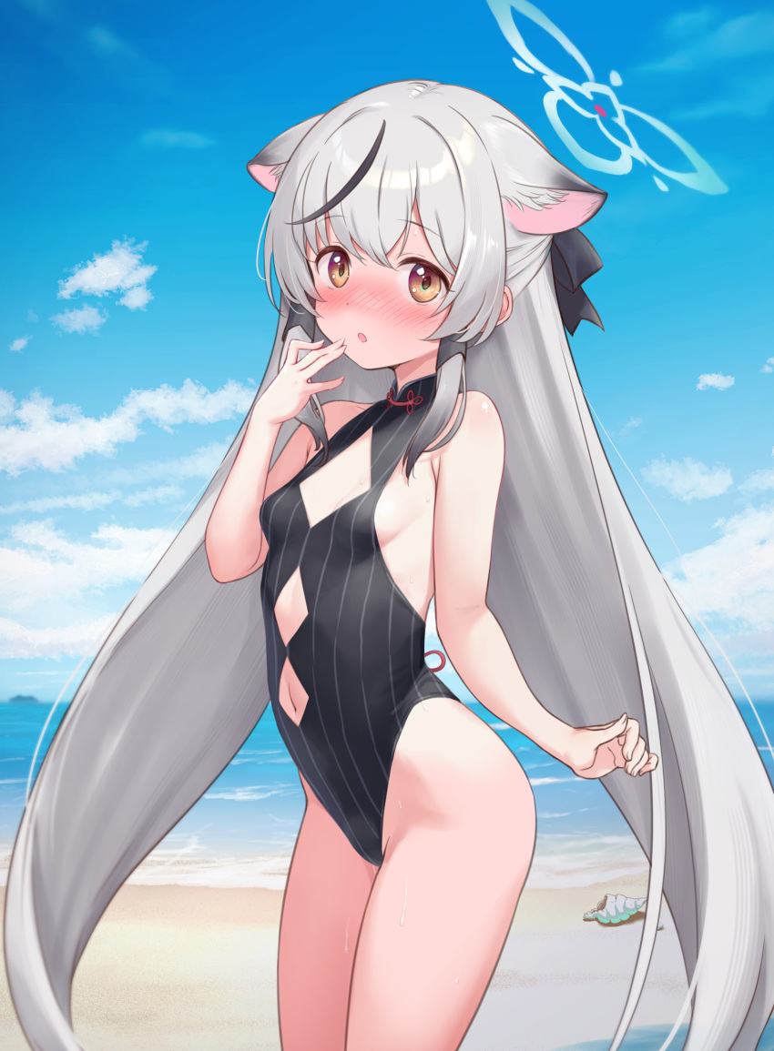 1girl :o adapted_costume animal_ear_fluff animal_ears bare_shoulders beach black_hair black_one-piece_swimsuit black_ribbon blue_archive blue_sky blush breasts bubble casual_one-piece_swimsuit cloud commentary_request cowboy_shot day diamond_cutout fubuki_rinne grey_hair hair_ribbon halo highres horizon kokona_(blue_archive) long_hair looking_at_viewer multicolored_hair ocean one-piece_swimsuit orange_eyes outdoors parted_lips ribbon seashell shell shore sky small_breasts solo streaked_hair striped striped_one-piece_swimsuit swimsuit tiger_ears vertical-striped_one-piece_swimsuit vertical_stripes very_long_hair water