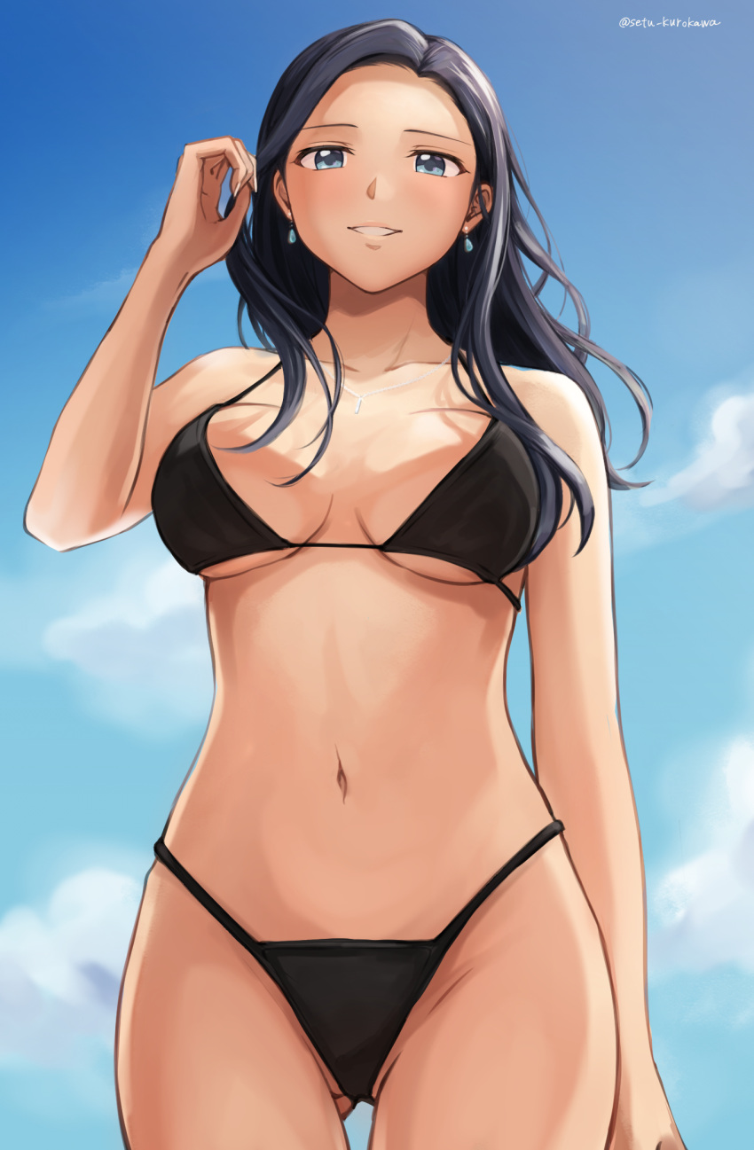 1girl bikini black_bikini black_hair blue_eyes blue_sky breasts commission earrings from_below hair_tucking highres jewelry large_breasts long_hair looking_down navel office_lady original pixiv_commission setu_kurokawa sky smile standing swimsuit