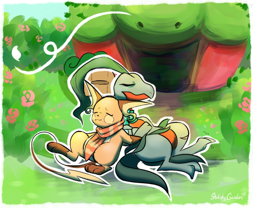 accessory bandanna building clothing duo elemental_creature female feral flora_fauna flower generation_1_pokemon generation_3_pokemon grovyle house kerchief markings nintendo plant pokemon pokemon_(species) raichu resting scar scarf sketchygarden sleeping tired waiting