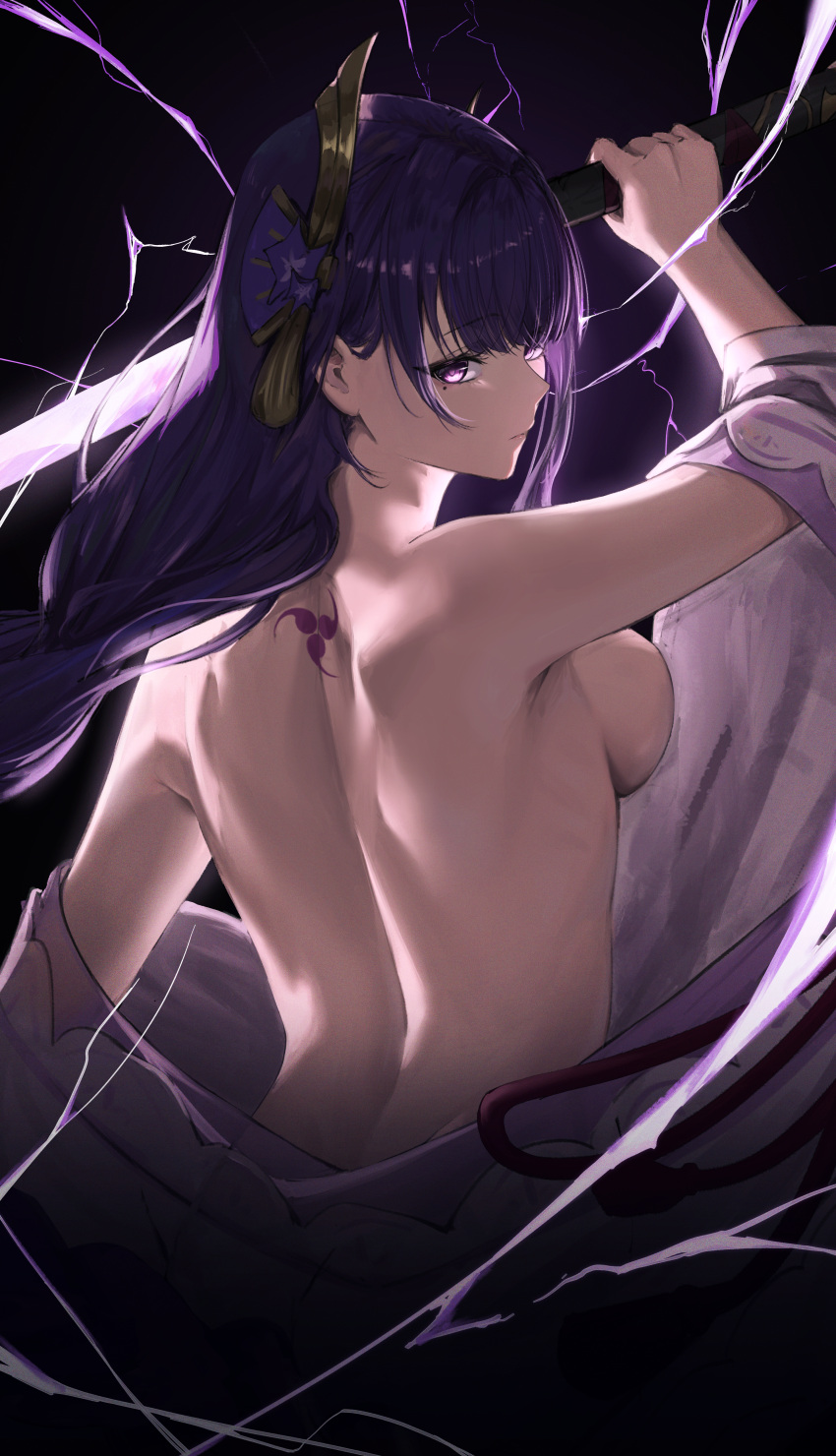1girl absurdres arm_up back bakemonsou bare_back bare_shoulders breasts closed_mouth commission from_behind genshin_impact hair_ornament highres holding holding_sword holding_weapon japanese_clothes large_breasts lightning long_hair looking_back mitsudomoe_(shape) mole mole_under_eye open_clothes pixiv_commission purple_eyes purple_hair raiden_shogun shoulder_blades sideboob solo sword tomoe_(symbol) upper_body weapon