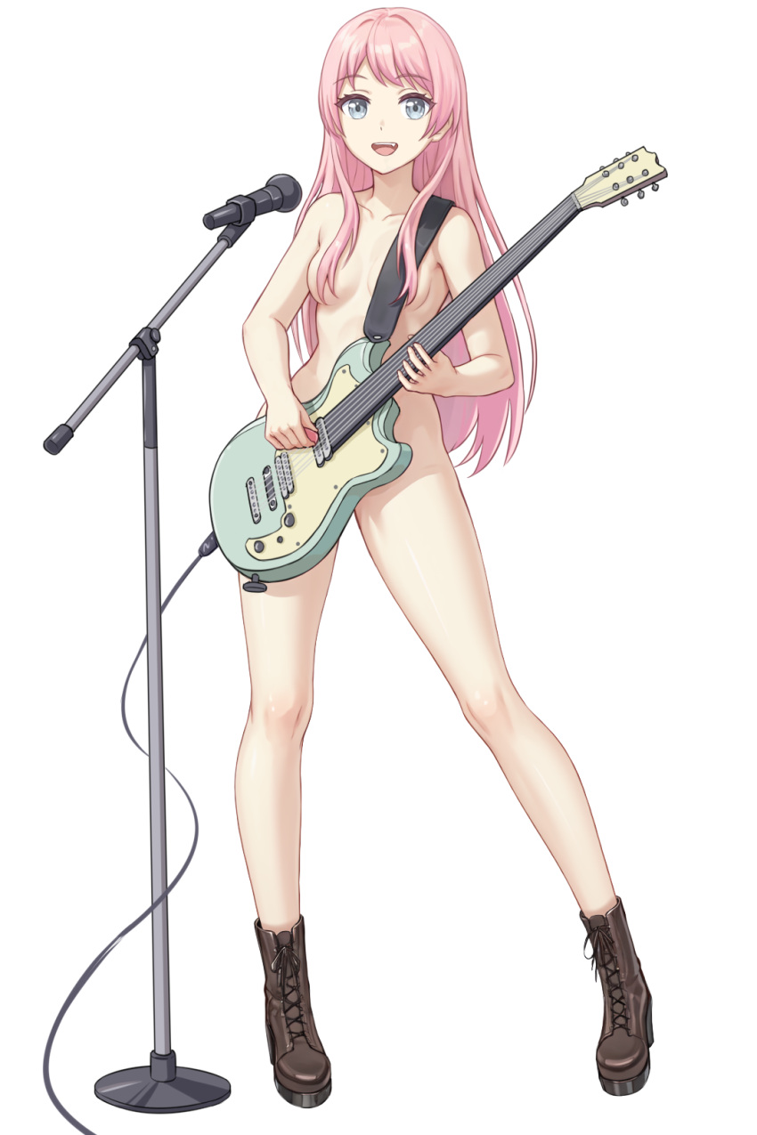 1girl :d bang_dream! bang_dream!_it's_mygo!!!!! barefoot blue_eyes boots brown_footwear chihaya_anon collarbone commentary_request da_akana_xiv full_body hair_over_eyes highres holding holding_instrument instrument long_hair looking_at_viewer microphone microphone_stand music no_legwear nude open_mouth pink_hair playing_instrument simple_background smile solo standing teeth thighs toenails toes upper_teeth_only white_background