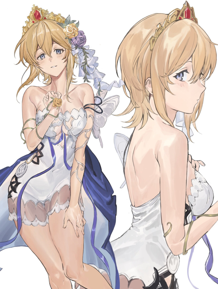 1girl bare_shoulders blonde_hair blue_eyes blush breasts cleavage closed_mouth collarbone covered_navel dress europa_(granblue_fantasy) feet_out_of_frame flower granblue_fantasy hair_flower hair_ornament hand_on_own_thigh hashibiro_kou_(garapiko_p) highres looking_at_viewer medium_breasts parted_lips plant short_dress sidelocks simple_background smile strapless strapless_dress tiara vines white_background white_dress