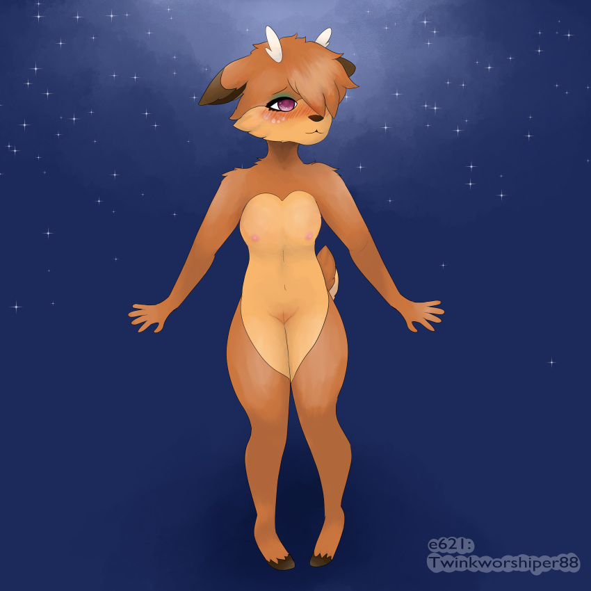 1:1 5_fingers absurd_res anthro antlers aurora_(phenomenon) bangs blue_background blush blush_lines body_blush breasts brown_body brown_fur choker deer ears_down eyelashes eyeliner eyeshadow fan_character female fingers floppy_ears freckles full-length_portrait fur genitals green_eyeshadow hair hi_res hooves horn humanoid jane_acorn_(twinkworshiper88) jewelry looking_away makeup mammal necklace night nipples nude one_eye_obstructed pink_nipples pivoted_ears portrait purple_eyes pussy pussy_blush short_tail signature simple_background sky small_breasts solo star starry_sky tail thick_thighs tomboy twinkworshiper88 watermark