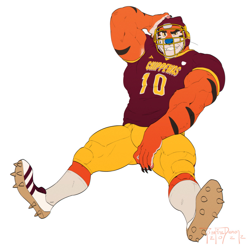 1:1 5_fingers anthro blue_nose bonfiredemon claws clothed clothing countershade_face countershade_fur countershading eyebrows felid fingers football_helmet football_uniform footwear frosted_flakes fur hi_res kellogg's looking_at_viewer male mammal mascot muscular muscular_anthro muscular_male orange_body orange_fur pantherine pawpads shoes simple_background smile smiling_at_viewer solo spiked_clothing spiked_footwear spiked_shoes spikes striped_body striped_fur stripes tiger tony_the_tiger whiskers white_background