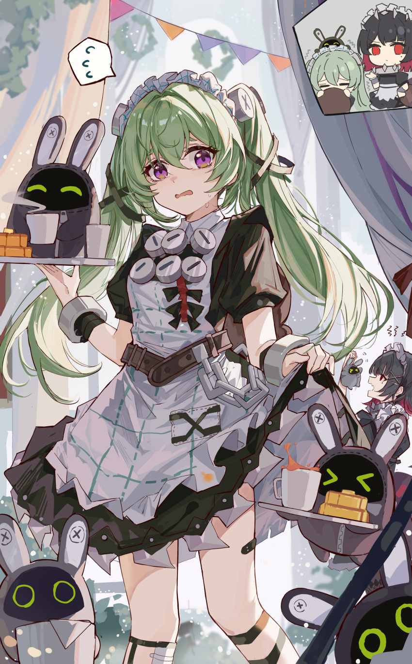 2girls absurdres apron black_dress black_hair clothes_lift corin_wickes dress dress_lift ellen_(zenless_zone_zero) grey_hair highres knee_strap long_hair looking_at_viewer maid maid_apron maid_headdress mole mole_under_eye multicolored_hair multiple_girls multiple_views nervous open_mouth purple_eyes red_eyes red_hair short_hair short_sleeves solo_focus standing sweatdrop thick_eyebrows twintails two-tone_hair white_apron yajuu zenless_zone_zero