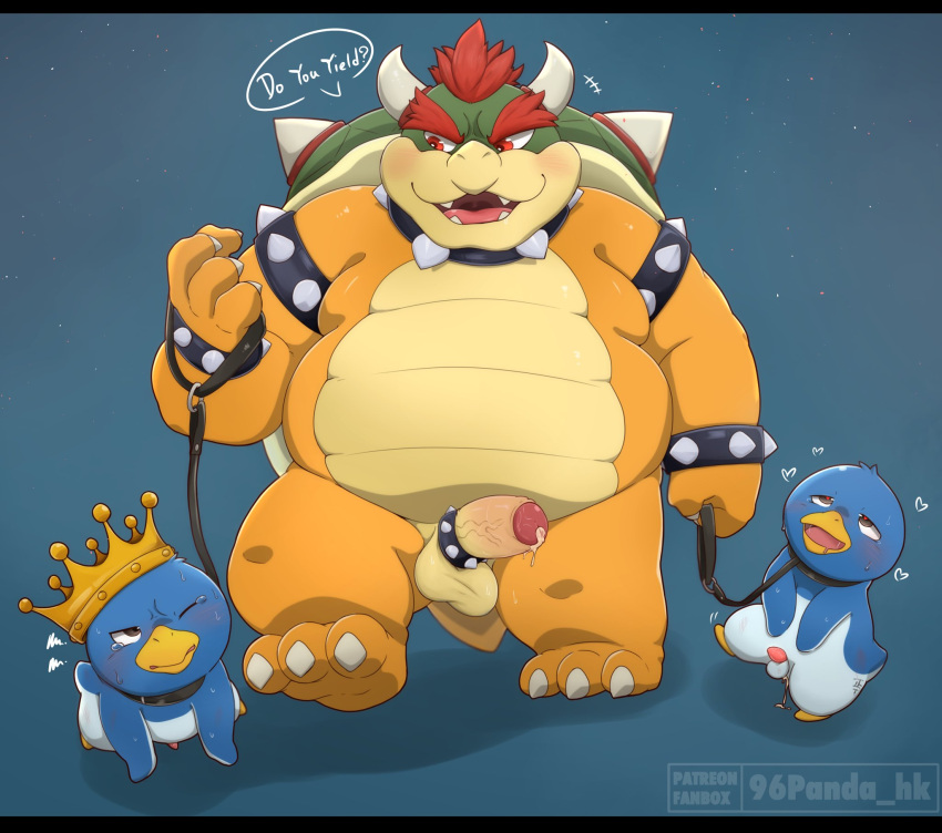2023 96panda anthro avian balls belly big_belly bird blue_body bowser collar crown dialogue english_text erection genitals group headgear hi_res kemono king_penguin_(smbm) koopa leash male male/male mario_bros nintendo overweight overweight_male penguin penis scalie text the_super_mario_bros_movie white_body