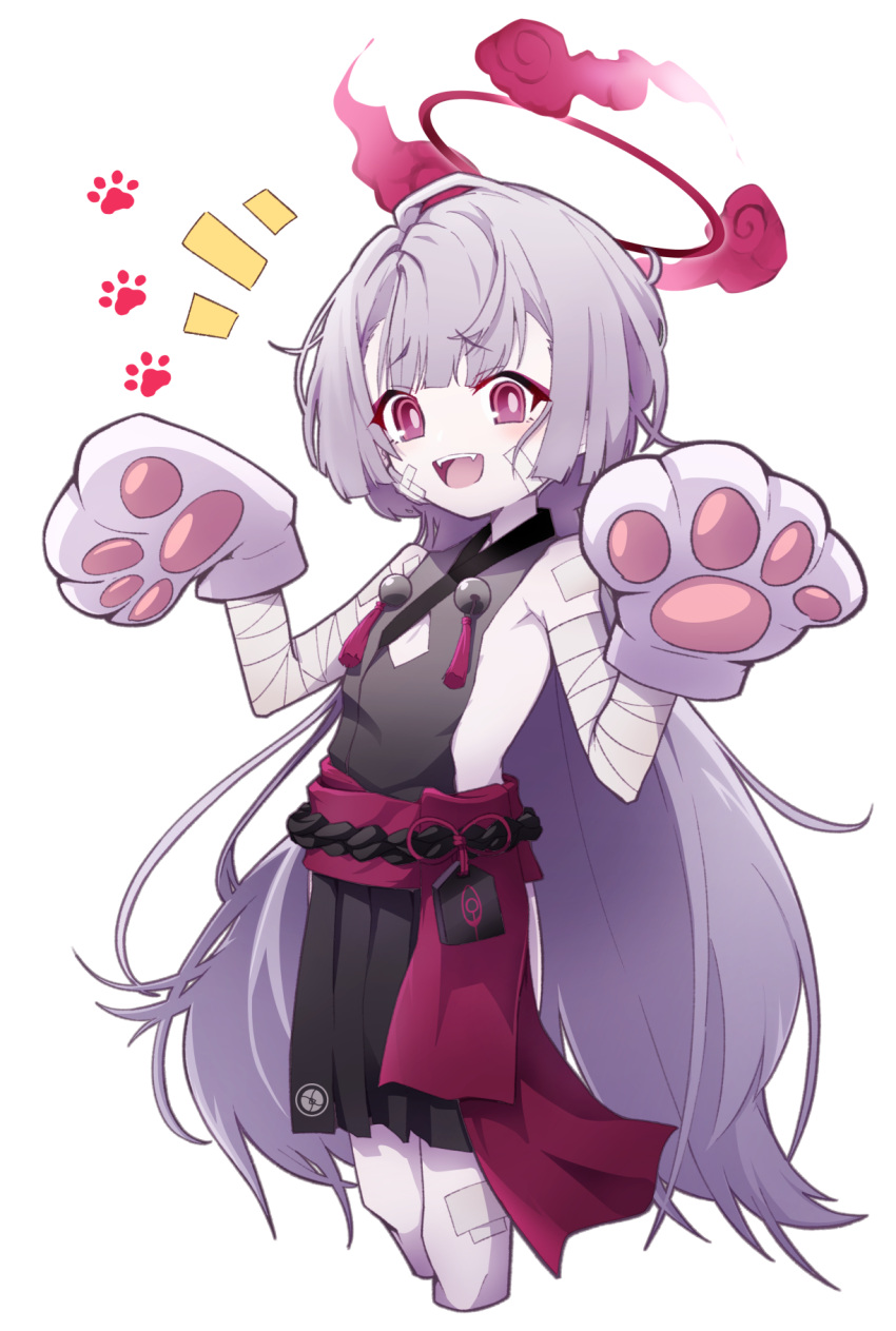 1girl animal_hands bandaged_arm bandages bell blue_archive blush cat_paws cropped_legs feet_out_of_frame flat_chest gauze gauze_on_cheek gloves grey_hair halo highres japanese_clothes jingle_bell kirigakure_(user_yvtj2773) long_hair obi open_mouth paw_gloves red_eyes red_halo sash shuro_(blue_archive) simple_background smile solo white_background white_gloves