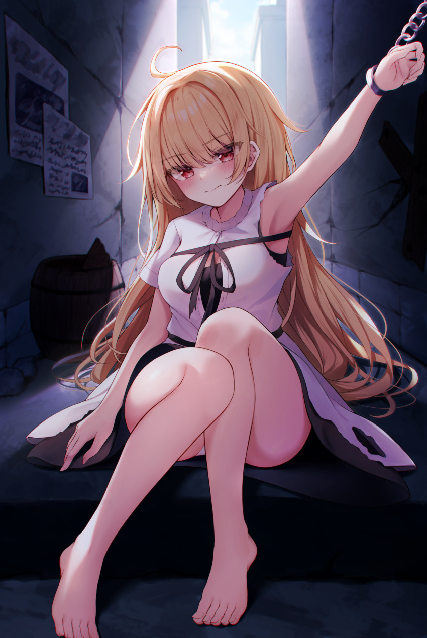 1girl ahoge alley arm_up barefoot black_shirt blonde_hair blush breasts chain chained closed_mouth commentary_request feet highres knees_together_feet_apart legs long_hair looking_at_viewer medium_breasts original outdoors panties panty_peek red_eyes shirt shirt_under_shirt shishou_(doragyurosu) short_sleeves sitting solo toenails toes underwear white_shirt