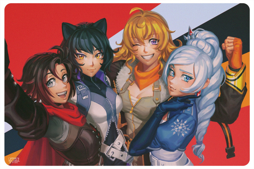 4girls ahoge animal_ears belt belt_buckle black_hair blake_belladonna blonde_hair blue_eyes braid braided_ponytail breasts buckle cat_ears cat_girl cleavage commentary earrings elbow_gloves ember_celica_(rwby) english_commentary erin_winn fingerless_gloves gloves grey_eyes hair_between_eyes highres jewelry long_hair looking_at_viewer medium_breasts multiple_girls one_eye_closed open_mouth purple_eyes ruby_rose rwby selfie short_hair smile teeth tongue watermark weiss_schnee white_hair yang_xiao_long yellow_eyes zipper zipper_pull_tab