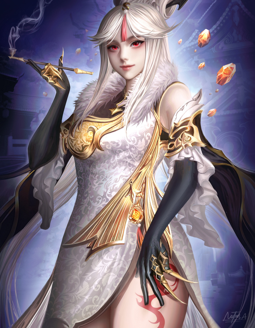 1girl absurdres breasts capelet cowboy_shot crystal elbow_gloves fur_trim genshin_impact gloves highres hip_tattoo lips long_hair medium_breasts naofaro ningguang_(genshin_impact) red_eyes smoke smoking_pipe solo very_long_hair vision_(genshin_impact) white_hair