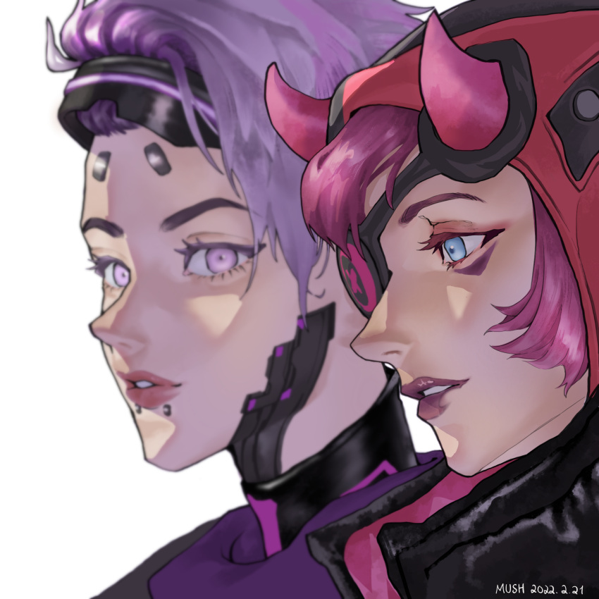 2girls air_orchid_valkyrie apex_legends black_headwear black_jacket blue_eyes blurry chinese_commentary cyber_punked_wattson dated depth_of_field eyepatch eyeshadow eyewear_on_head from_side head-mounted_display highres jacket kairanw lip_piercing looking_at_viewer makeup multiple_girls official_alternate_costume one_eye_covered parted_lips piercing pink_eyeshadow pink_hair purple_eyes purple_hair purple_scarf scarf short_hair valkyrie_(apex_legends) wattson_(apex_legends) white_background