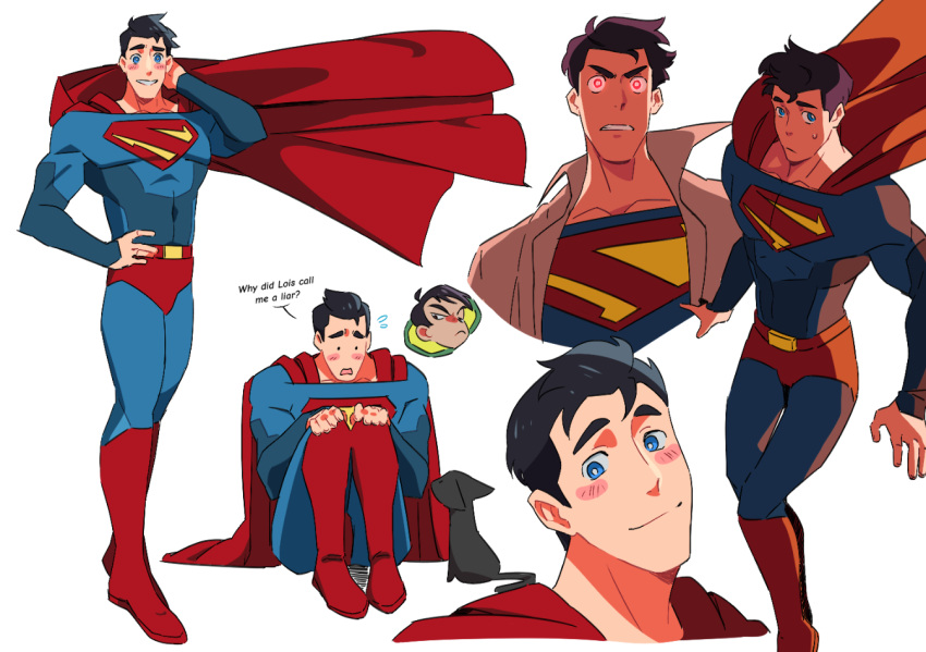 1boy 1girl 38sr belt black_hair blue_eyes blush_stickers bodysuit boots cape cat clark_kent dc_comics english_text glowing glowing_eyes hand_on_own_hip lois_lane my_adventures_with_superman short_hair sitting smile superhero superman superman_(series)