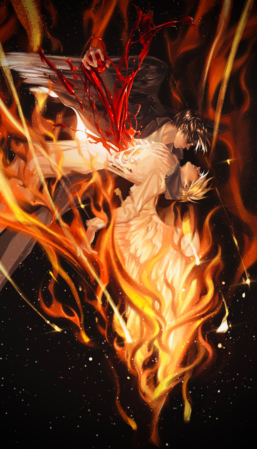 2boys absurdres angel angel_and_devil angel_wings black_hair blonde_hair burning death erwin_smith feathered_wings heart highres holding holding_heart l.k_(lk_cyz) levi_(shingeki_no_kyojin) looking_at_another male_focus multiple_boys ribs shingeki_no_kyojin short_hair sky splatter star_(sky) starry_sky thick_eyebrows wings yaoi