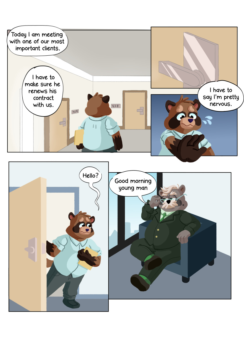 absurd_res anthro brown_body brown_fur canid canine clothed clothing comic digital_media_(artwork) duo english_text eyewear fur glasses greeting hi_res male male/male mammal necktie office overweight overweight_male procyonid raccoon raccoon_dog siblu sibluself simple_background suit tanuki text