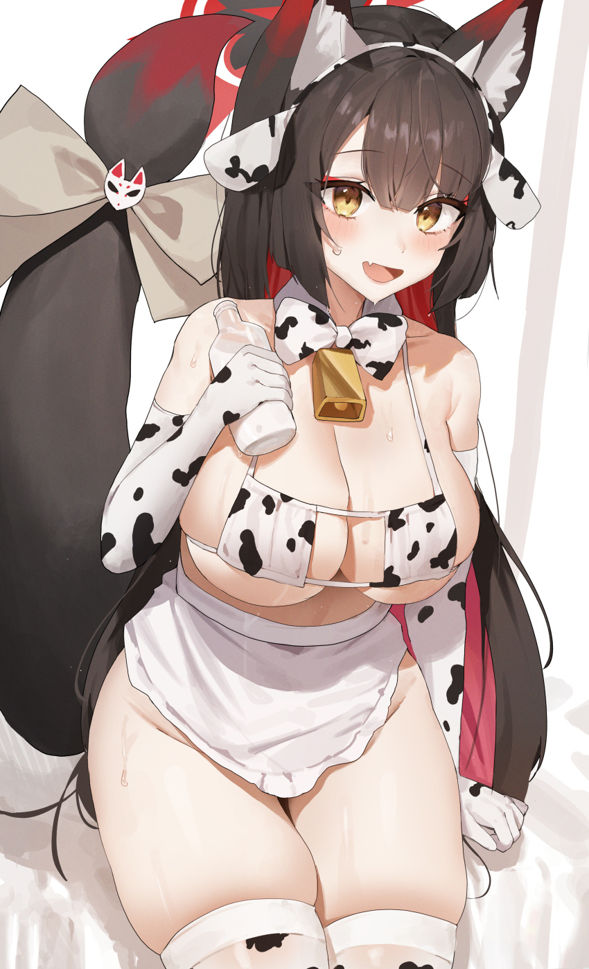 1girl absurdres alternate_costume animal_ears animal_print apron bell bikini blue_archive blush bottle bow breasts brown_hair cleavage collarbone colored_inner_hair cow_print cow_print_bikini cow_print_thighhighs detached_collar elbow_gloves eyepatch_bikini fox_ears fox_tail gloves halo highres holding holding_bottle huge_breasts looking_at_viewer milk_bottle multicolored_hair neck_bell red_hair seya_(sseya33) skindentation smile solo sweat swimsuit tail tail_bow tail_ornament two-tone_hair waist_apron wakamo_(blue_archive) white_apron