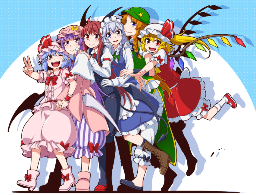6+girls ;d ahoge apron armband ascot back_bow bat_wings black_bow black_footwear black_pantyhose black_skirt black_vest blonde_hair blue_background blue_dress blue_eyes blue_hair blush boots bow bowtie braid brown_footwear capelet collared_shirt commentary_request crescent crescent_hat_ornament cross-laced_footwear crystal demon_tail dot_nose dress drop_shadow eichi_yuu embodiment_of_scarlet_devil fangs flandre_scarlet frilled_dress frilled_skirt frilled_sleeves frills full_body green_bow green_dress green_headwear hair_ribbon hand_on_another's_hip hand_on_another's_shoulder hand_on_own_hip happy hat hat_bow hat_ornament head_wings holding_hands hong_meiling izayoi_sakuya juliet_sleeves koakuma large_bow leaning_forward leg_up long_hair long_sleeves looking_at_viewer maid maid_headdress mob_cap multicolored_wings multiple_girls necktie one_eye_closed orange_hair outstretched_arm pants pants_under_dress pantyhose patchouli_knowledge pink_footwear pink_headwear pink_robe pink_shirt pink_skirt polka_dot polka_dot_background puffy_sleeves purple_dress purple_eyes purple_hair red_armband red_bow red_bowtie red_eyes red_footwear red_hair red_necktie remilia_scarlet ribbon robe shirt short_hair short_sleeves side_ponytail simple_background skirt skirt_set smile socks standing striped striped_dress tail touhou tress_ribbon twin_braids v vertical-striped_dress vertical_stripes very_long_hair vest waist_apron white_background white_capelet white_hair white_headwear white_pants white_shirt white_socks wing_collar wings wrist_cuffs yellow_ascot