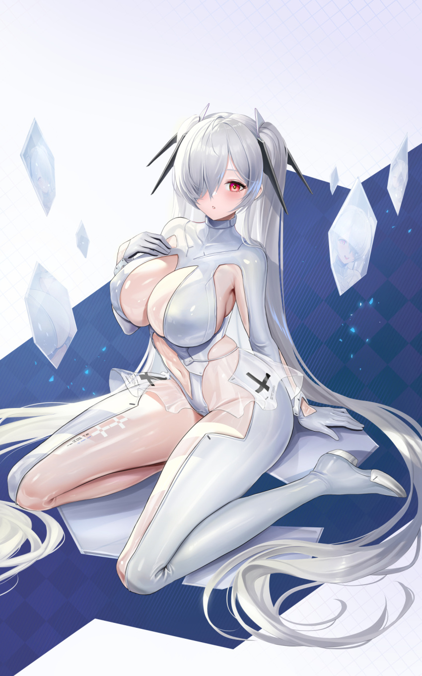 1girl bodysuit breasts cinderella_(nikke) cleavage cleavage_cutout clothing_cutout different_reflection full_body goddess_of_victory:_nikke hair_ornament hair_over_one_eye hand_on_own_chest highres huge_breasts kneeling large_breasts long_hair looking_at_viewer navel red_eyes reflection revealing_clothes see-through solo stomach stomach_cutout thighs twintails very_long_hair white_bodysuit white_hair yuen