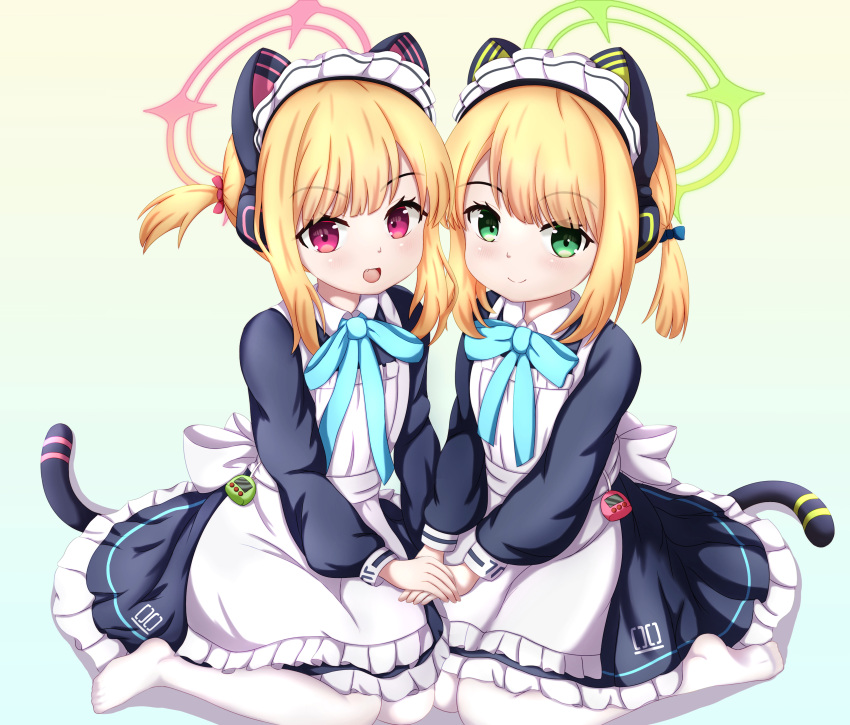 2girls :d absurdres alternate_costume animal_ear_headphones animal_ears aqua_bow aqua_bowtie blonde_hair blue_archive blunt_bangs bow bowtie cat_ear_headphones cat_tail commentary_request fake_animal_ears fake_tail green_eyes hair_bow hair_ribbon halo headphones highres holding_hands long_sleeves looking_at_viewer maid maid_headdress midori_(blue_archive) midori_(maid)_(blue_archive) momoi_(blue_archive) momoi_(maid)_(blue_archive) multiple_girls no_shoes official_alternate_costume official_alternate_hairstyle pantyhose parted_bangs purple_eyes ribbon short_hair siblings sidelocks simple_background sisters sitting smile tail tamagotchi twins uro30 wariza white_pantyhose