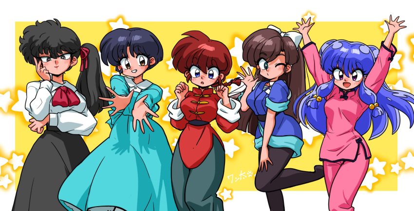 5girls \o/ aqua_dress arm_under_breasts arms_up artist_name ascot black_eyes black_hair black_leggings black_skirt blue_eyes blue_kimono blunt_ends bob_cut border bow braid braided_ponytail breasts bright_pupils brown_eyes brown_hair cheering chinese_clothes commentary curled_fingers dress eyeshadow feet_out_of_frame foot_up frog_button green_eyes grey_pants grin hair_between_eyes hair_bow hand_on_own_cheek hand_on_own_face hands_up highres japanese_clothes kimono kunou_kodachi kuonji_ukyou large_breasts leggings long_hair long_skirt makeup multiple_girls one_eye_closed outstretched_arms pants pantyhose pink_pants pink_shirt purple_eyeshadow purple_hair raised_eyebrows ranma-chan ranma_1/2 reaching reaching_towards_viewer red_ascot red_hair red_shirt school_uniform shampoo_(ranma_1/2) shirt short_hair short_kimono side-by-side signature single_braid skirt smile spread_fingers star_(symbol) starry_background swept_bangs tangzhuang tendou_akane toggles w_arms wanta_(futoshi) waving white_border white_bow white_pupils yellow_background