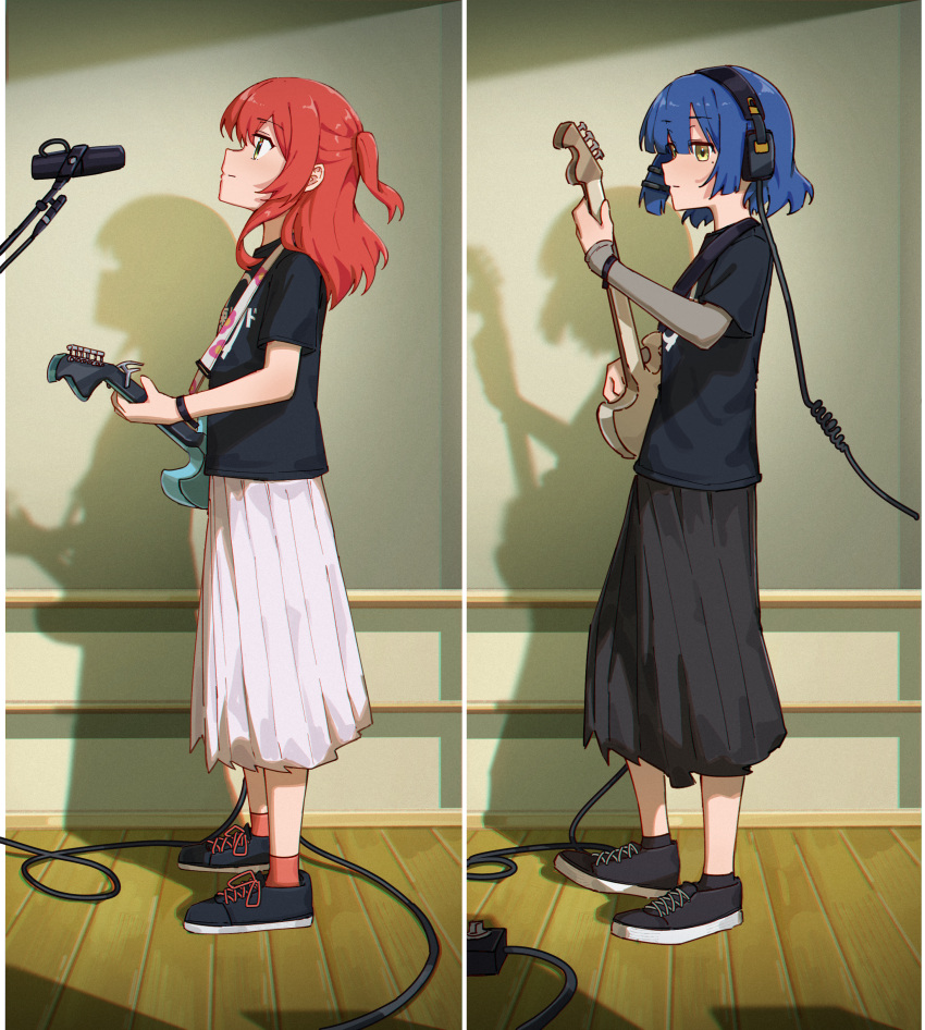 2girls absurdres bass_guitar black_footwear black_shirt black_skirt black_socks blue_hair bocchi_the_rock! fender_precision_bass from_side guitar hair_between_eyes highres holding holding_instrument indoors instrument jl_tan kita_ikuyo layered_sleeves long_hair long_skirt long_sleeves microphone multiple_girls one_side_up pleated_skirt profile red_hair red_socks shadow shirt shoes short_over_long_sleeves short_sleeves skirt socks standing white_skirt wooden_floor yamada_ryo yellow_eyes