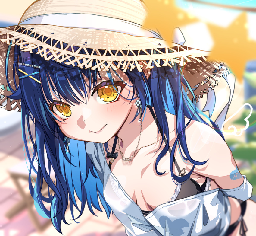 1girl ahoge amamiya_kokoro amamiya_kokoro_(7th_costume) bell bikini bikini_under_clothes black_bikini blue_hair breasts closed_mouth collarbone dot_nose earrings flower_earrings frilled_bikini frills hair_ornament hairclip hat heart heart_tattoo highres jewelry jingle_bell light_blush lips long_hair looking_at_viewer necklace nijisanji off-shoulder_shirt off_shoulder official_alternate_costume official_alternate_hairstyle ruo19 shirt side-tie_bikini_bottom single_off_shoulder small_breasts smile solo straw_hat sun_hat swimsuit tattoo upturned_eyes virtual_youtuber white_shirt x_hair_ornament yellow_eyes