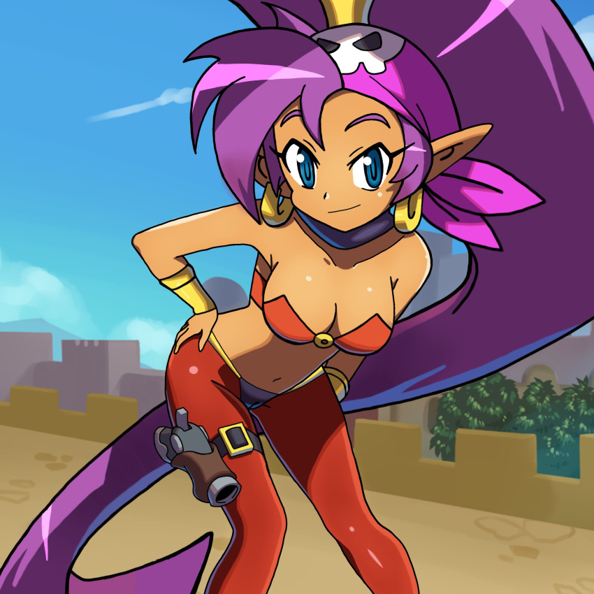 armiearts bandanna blue_eyes bracelet breasts camel_toe cleavage clothed clothing ear_piercing ear_ring female gun hair harem_outfit hi_res humanoid_pointy_ears jewelry kerchief long_hair looking_at_viewer not_furry piercing purple_hair ranged_weapon ring_piercing shantae shantae:_and_the_pirate's_curse shantae_(series) smile smiling_at_viewer solo tan_body tan_skin tight_clothing wayforward weapon