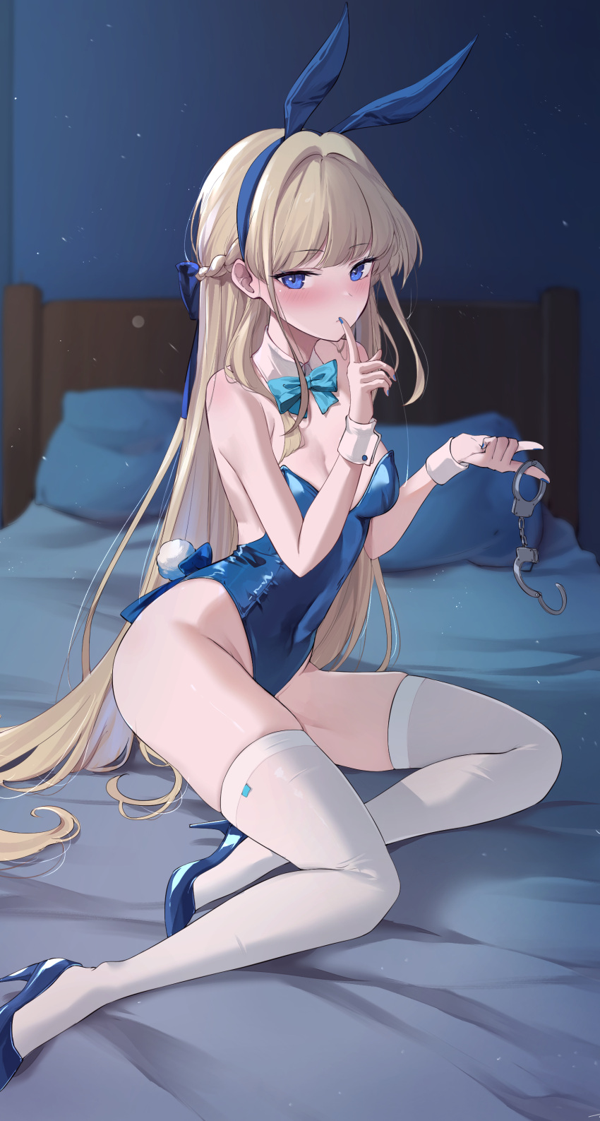 1girl absurdres animal_ears bed blonde_hair blue_archive blue_eyes blue_leotard blush bow bowtie breasts cuffs detached_collar fake_animal_ears fake_tail feint721 finger_to_mouth full_body hand_up handcuffs high_heels highleg highleg_leotard highres holding holding_handcuffs index_finger_raised leotard light_particles long_hair medium_breasts official_alternate_costume official_alternate_hairstyle on_bed pillow playboy_bunny rabbit_ears rabbit_tail shushing skindentation solo tail thighhighs thighs toki_(blue_archive) toki_(bunny)_(blue_archive) very_long_hair white_thighhighs