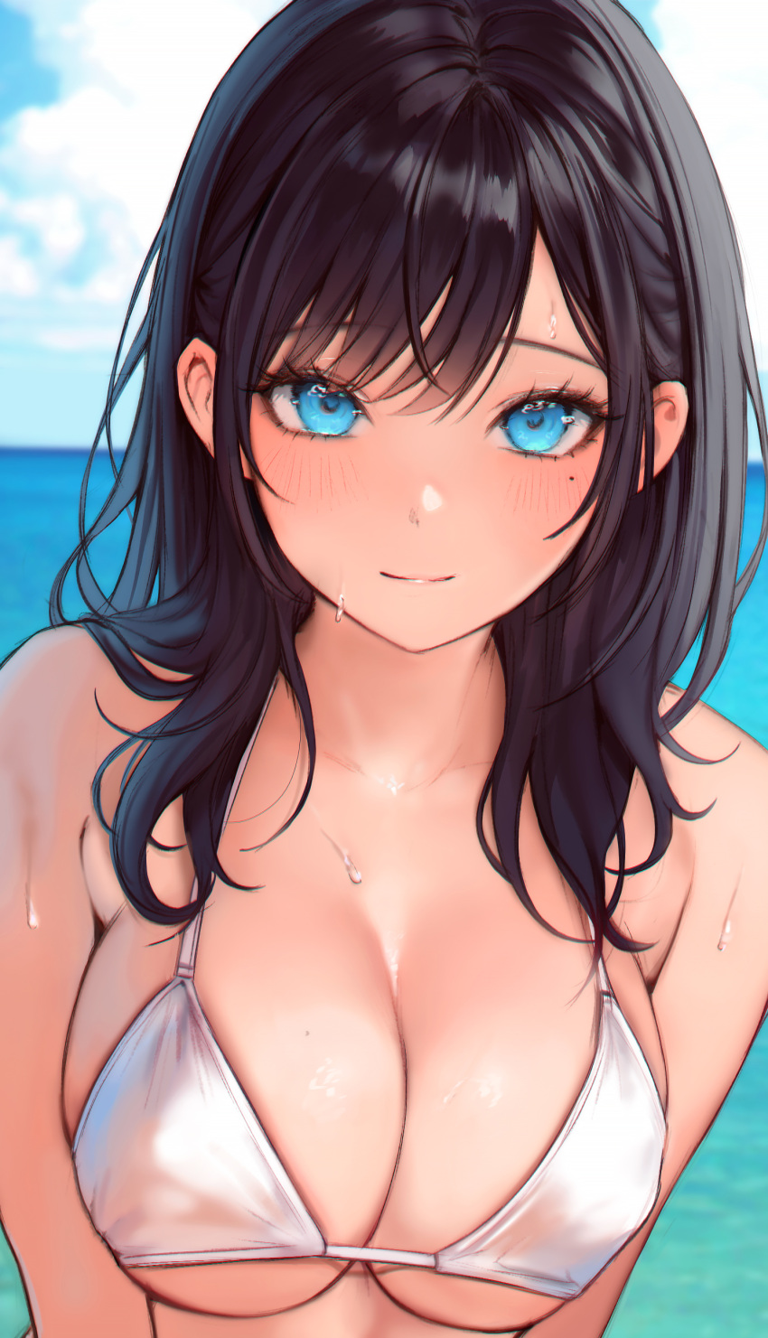 1girl absurdres bikini black_hair blue_eyes blush breasts breasts_squeezed_together chromatic_aberration cleavage close-up collarbone commentary day dripping eyelashes hair_behind_ear hair_over_shoulder highres horizon large_breasts lips long_hair looking_at_viewer mole mole_under_eye ocean original outdoors parted_bangs raeun_46 shiny_skin sidelocks smile solo string_bikini swimsuit symbol-only_commentary underboob upper_body wet white_bikini