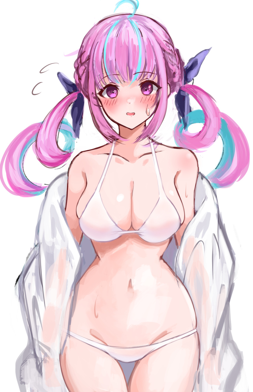 1girl ahoge aqua_hair bare_shoulders bikini blue_ribbon blush braid breasts cleavage collarbone colored_inner_hair drill_hair flying_sweatdrops groin hair_ribbon highres hololive large_breasts long_hair looking_at_viewer minato_aqua multicolored_hair navel open_mouth pink_eyes pink_hair ribbon sao_mono simple_background solo standing stomach streaked_hair sweat swimsuit thighs twin_drills twintails two-tone_hair virtual_youtuber white_background white_bikini