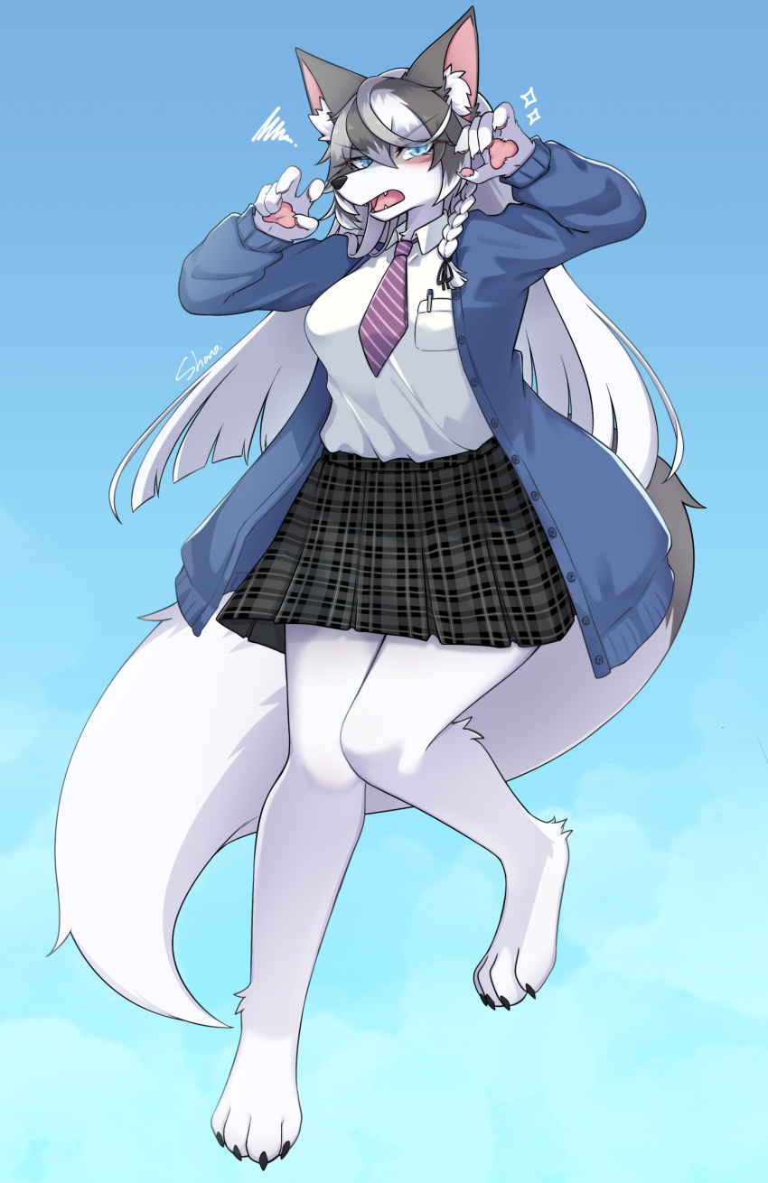 2023 4_toes 5_fingers absurd_res anthro barefoot blue_eyes blush bottomwear breasts canid canine canis claws clothed clothing digital_media_(artwork) feet female female_anthro fingers fur hair hi_res kemono long_hair looking_at_viewer mammal pawpads paws shano_541 skirt solo tail toe_claws toes wolf