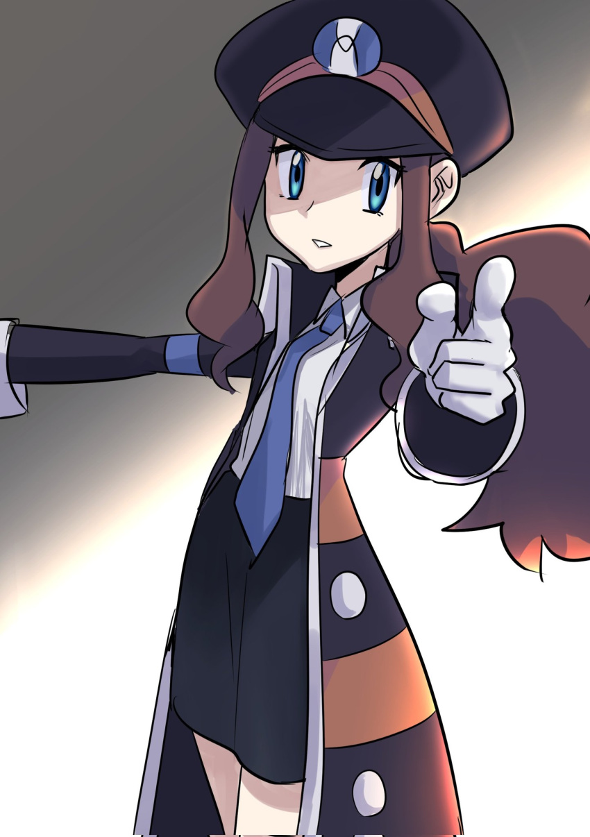 1girl aqua_eyes asamaru1225 black_coat black_headwear blue_necktie brown_hair buttons coat collared_shirt commentary_request cosplay dress_shirt gloves hat high_collar highres hilda_(pokemon) ingo_(pokemon) ingo_(pokemon)_(cosplay) long_hair long_sleeves necktie open_clothes open_coat parted_lips peaked_cap pointing pokemon pokemon_(game) pokemon_bw shirt sidelocks solo striped_coat trench_coat white_gloves white_shirt