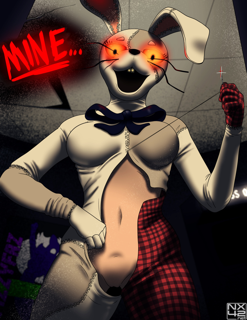 absurd_res animate_inanimate anthro breasts clothing costume female first_person_view five_nights_at_freddy's fursuit genitals hi_res immelmann lagomorph leporid living_fursuit looking_at_viewer mammal mirror nippleless pussy rabbit scottgames solo stitch_(sewing) trapped vanny_(fnaf)