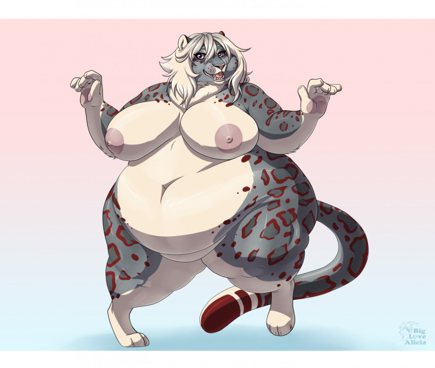 anthro big_breasts biglovealicia breasts cel_shading digital_media_(artwork) digitigrade felid female fur hair huge_belly inner_ear_fluff mammal morbidly_obese morbidly_obese_female neck_tuft nipples obese obese_female overweight overweight_female pantherine purple_eyes shaded signature simple_background smile snow_leopard solo tail thick_arms thick_thighs tuft white_hair