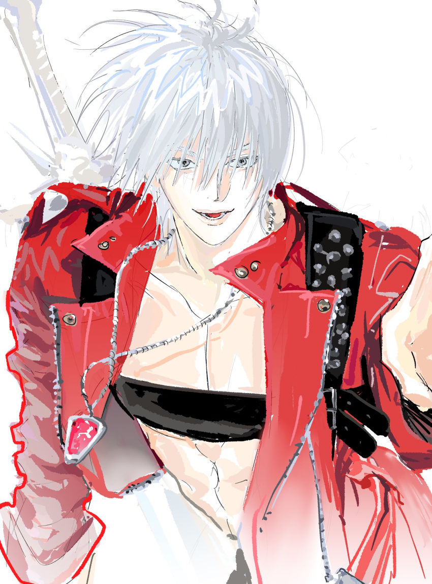 1boy belt_bra blue_coat blue_eyes coat dante_(devil_may_cry) devil_may_cry_(series) devil_may_cry_3 fingerless_gloves gloves highres jacket jewelry long_hair male_focus necklace rebellion_(sword) red_coat smile solo sword tata. weapon white_hair