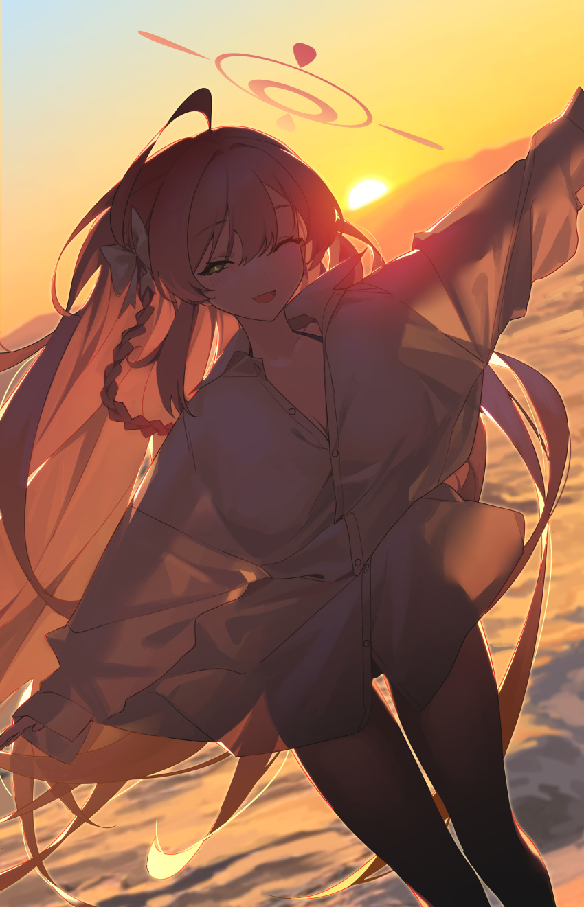 1girl absurdres ahoge airseal backlighting beach bikini bikini_under_clothes blue_archive blush bow braid breasts cleavage collarbone green_eyes hair_bow halo hanako_(blue_archive) hanako_(swimsuit)_(blue_archive) highres large_breasts long_hair long_sleeves looking_at_viewer one_eye_closed open_mouth orange_sky pink_hair shirt shore side_braid sky smile solo sunset swimsuit thighs very_long_hair white_shirt