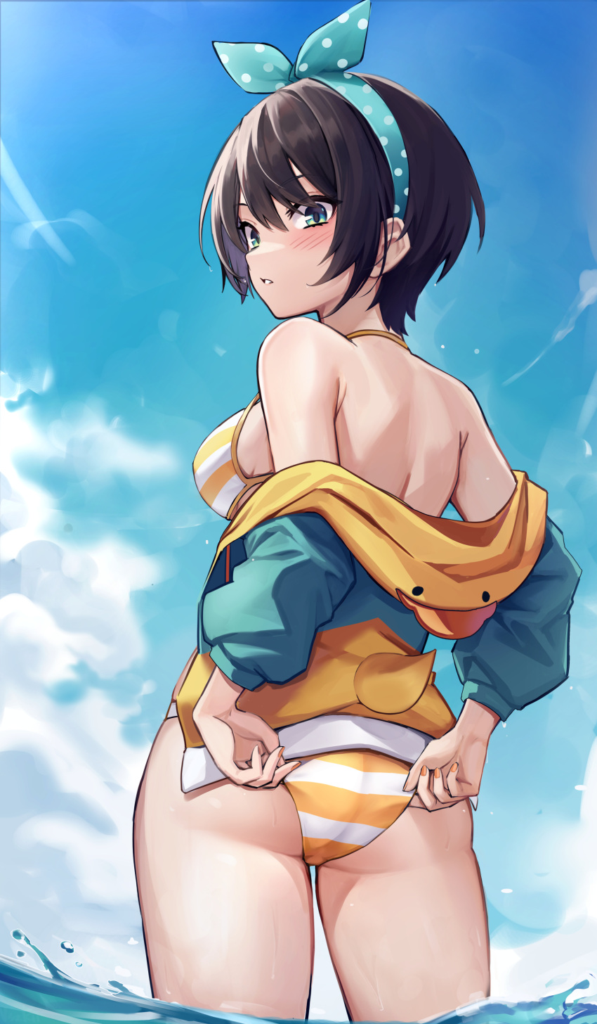 1girl absurdres aqua_eyes ass back bare_shoulders bikini bird black_hair blue_sky blush bow breasts cloud day from_behind hairband highres hololive hood hooded_jacket jacket large_breasts looking_at_viewer looking_back multicolored_clothes multicolored_jacket off_shoulder oozora_subaru oozora_subaru_(3rd_costume) outdoors parted_lips polka_dot polka_dot_bow short_hair sky solo striped striped_bikini swimsuit virtual_youtuber wading water wszkii yellow_bikini