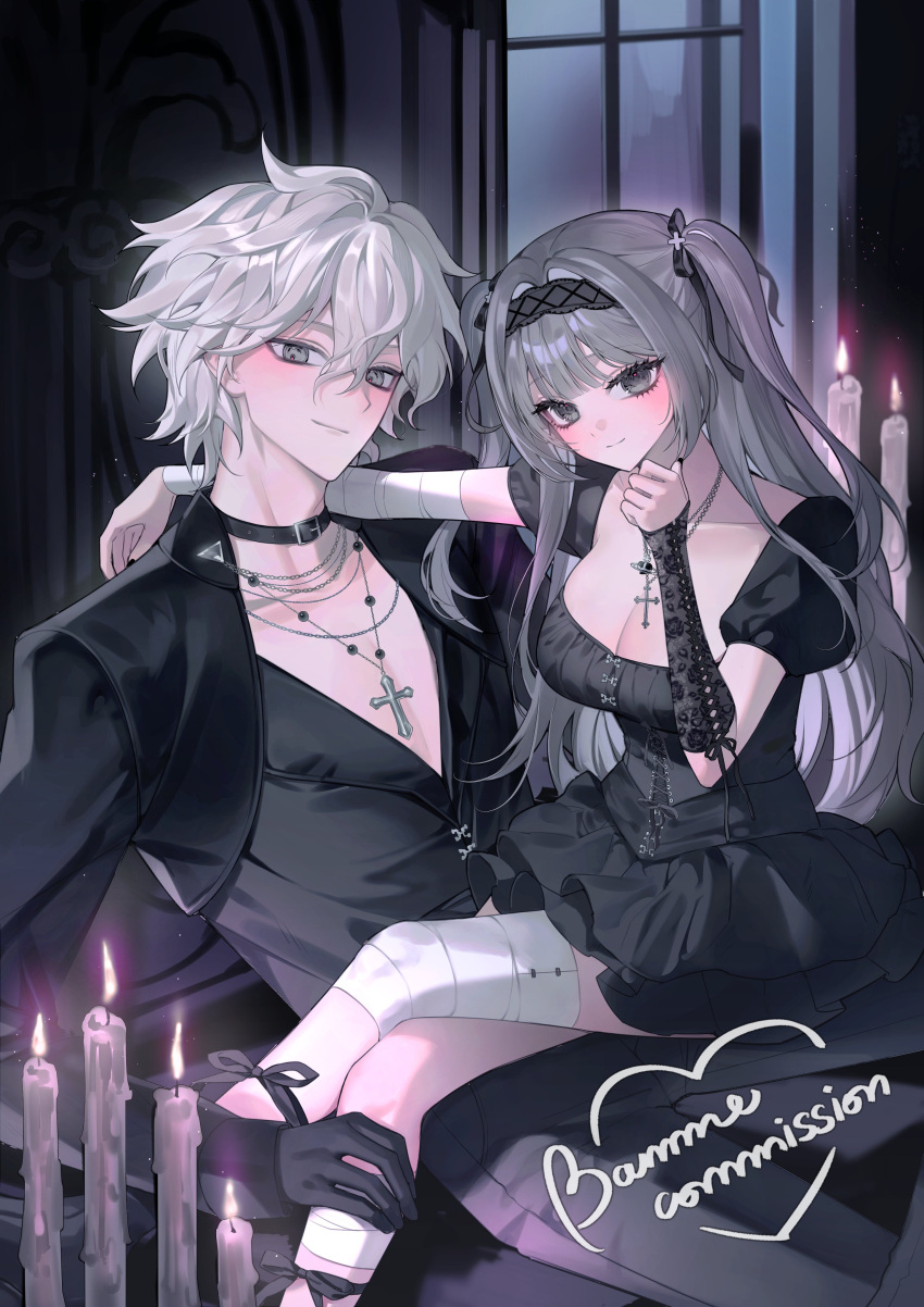 1boy 1girl absurdres bamme_o3o bandaged_knees black_choker black_dress black_gloves black_hairband black_jacket black_nails black_ribbon black_shirt breasts brown_eyes character_request check_copyright choker cleavage commission copyright_request cross cross_necklace danganronpa_(series) danganronpa_2:_goodbye_despair detached_sleeves dress gloves grey_hair hair_between_eyes hair_ribbon hairband hand_up heart highres jacket jewelry komaeda_nagito large_breasts nail_polish necklace open_clothes open_jacket puffy_short_sleeves puffy_sleeves ribbon shirt short_hair short_sleeves sitting sitting_on_lap sitting_on_person smile window