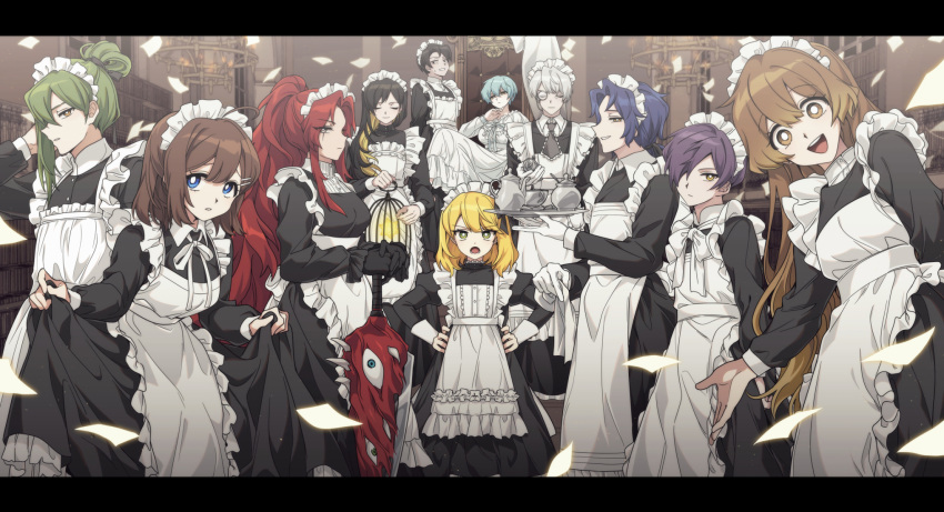 5boys 6+girls ahoge alternate_costume angela_(project_moon) apron bbunny binah_(project_moon) birdcage black_bow black_gloves black_hair black_necktie blonde_hair blue_eyes blue_hair bow breasts brown_eyes brown_hair cage chandelier chesed_(project_moon) closed_mouth dress enmaided frown gebura_(project_moon) gloves green_eyes green_hair hair_bow high_ponytail highres hod_(project_moon) hokma_(project_moon) holding holding_tray juliet_sleeves large_breasts library_of_ruina long_sleeves looking_at_viewer maid maid_day maid_headdress malkuth_(project_moon) multiple_boys multiple_girls necktie netzach_(project_moon) open_mouth pages project_moon puffy_sleeves purple_hair red_hair roland_(library_of_ruina) sidelocks sitting smile tiphereth_a_(project_moon) tray white_apron white_dress white_gloves yellow_eyes yesod_(project_moon)