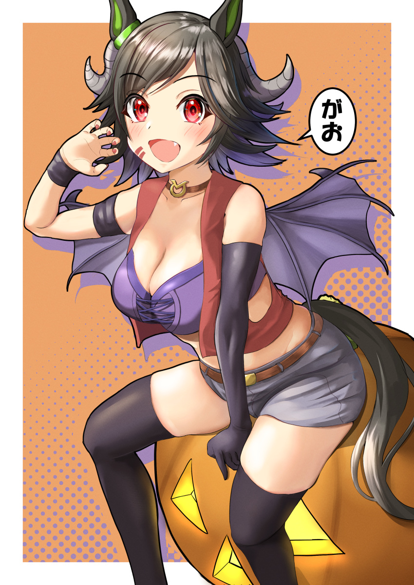 absurdres animal_ears black_hair breasts elbow_gloves gloves halloween highres horns horse_girl horse_tail huge_breasts large_breasts multiple_tails red_eyes shorts shuten_(shutehaan) tagme tail umamusume wings winning_ticket_(umamusume)