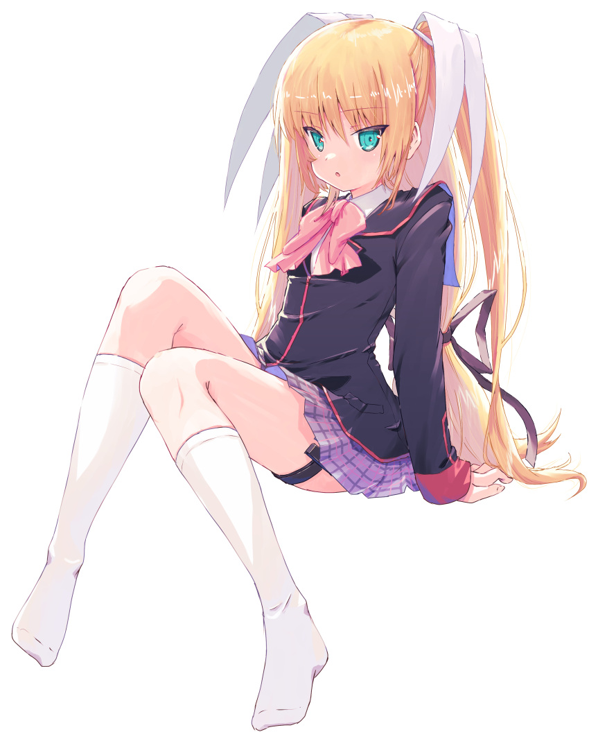 1girl :o absurdres akayama_yukihe aqua_eyes black_jacket black_ribbon blonde_hair blush bow commentary curvy eyelashes eyes_visible_through_hair feet grey_skirt hair_between_eyes hair_ribbon highres jacket kneehighs knees_together_feet_apart legs little_busters! long_hair long_sleeves looking_at_viewer low-tied_long_hair miniskirt no_shoes open_mouth pink_bow plaid plaid_skirt pleated_skirt ribbon school_uniform simple_background sitting skirt socks solo straight_hair thigh_strap thighs tokido_saya two_side_up very_long_hair white_background white_ribbon white_socks