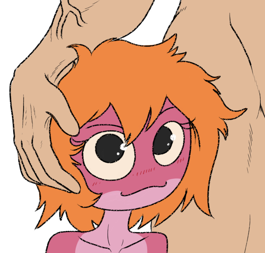 2023 amphibia_(series) amphibian anthro blush blush_lines disney duo female frog hair hand_on_head human looking_at_viewer male mammal meme nude orange_hair parody pink_body polly_plantar simple_background unknown_artist vein white_background