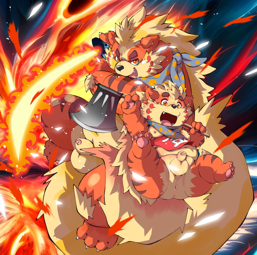 abstract_background absurd_res action_pose anthro anus axe balls bandanna belly black_stripes chibineco countershading duo elemental_manipulation felid fire fire_manipulation flaccid flaming_sword fur genitals hi_res holding_object holding_weapon kerchief looking_at_viewer male mammal melee_weapon navel nude orange_body orange_fur overweight overweight_anthro overweight_male pantherine pawpads paws penis pose size_difference striped_body striped_fur stripes sword tail tan_body tan_fur tiger weapon